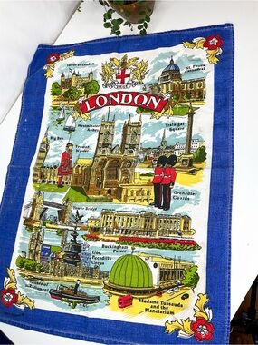 VINTAGE London Souvenir Cotton Tea Towel - Blue Border
